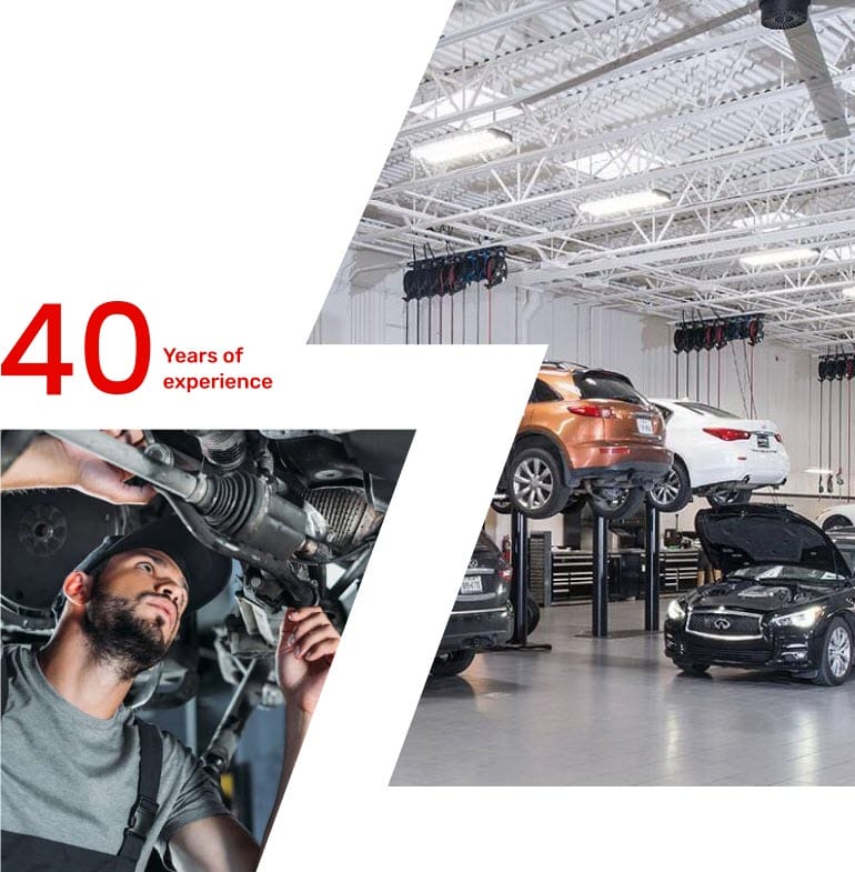 A mechanic from Brock Road Garage inspects the underside of a vehicle. Adjacent, cars are lifted on hydraulic platforms in a well-lit garage. Text reads 40 Years of Experience. Euro Mechanic | Brock Road Garage Guelph | Top Reviewed Auto Repair Shop in Guelph | Visit brockroadgarage.ca