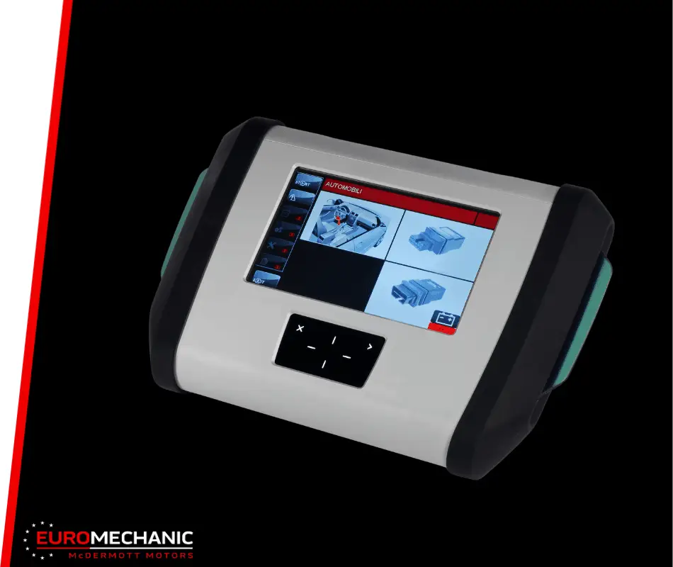 A diagnostic device with a screen displaying automotive diagrams and an interface with navigation buttons, ideal for thorough vehicle maintenance. Emblazoned with the EuroMechanic logo, its your go-to tool for every car checkup in Guelph. Euro Mechanic | Brock Road Garage Guelph | Top Reviewed Auto Repair Shop in Guelph | Visit brockroadgarage.ca