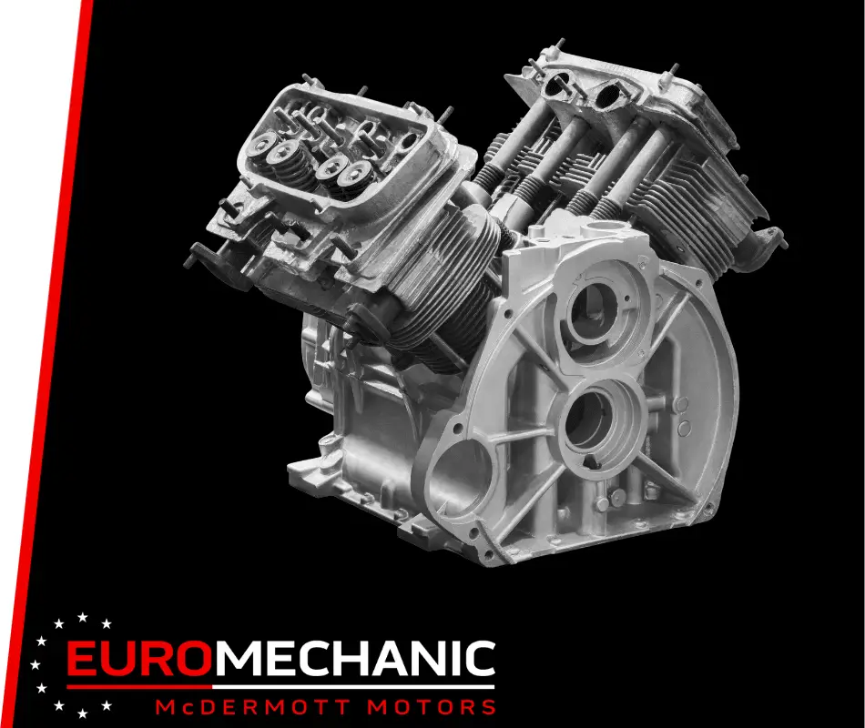 Black and white image of a disassembled engine displayed against a black background. The logo EUROMECHANIC with McDERMOTT MOTORS in red and white is at the bottom left, showcasing Engine Repair Guelph expertise. Euro Mechanic | Brock Road Garage Guelph | Top Reviewed Auto Repair Shop in Guelph | Visit brockroadgarage.ca