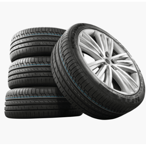 Four stacked tires next to a standing tire with an alloy wheel, isolated on a white background. The sporty, low-profile tread design features blue lines along the grooves, showcasing the premium quality you can expect at Brock Road Garage in Guelph. EuroMechanic | Brock Road Garage Guelph | Top Reviewed Auto Repair Shop in Guelph | Visit brockroadgarage.ca