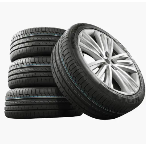 Four stacked tires next to a standing tire with an alloy wheel, isolated on a white background. The sporty, low-profile tread design features blue lines along the grooves, showcasing the premium quality you can expect at Brock Road Garage in Guelph. EuroMechanic | Brock Road Garage Guelph | Top Reviewed Auto Repair Shop in Guelph | Visit brockroadgarage.ca