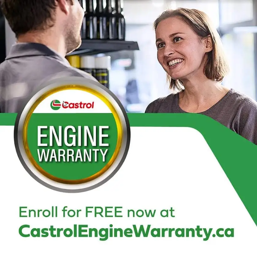A woman smiles while chatting with a man in an automotive store. A sign featuring the Castrol logo reads ENGINE WARRANTY prominently. Below, text invites: Enroll for FREE now at CastrolEngineWarranty.ca, accentuated by a green banner outside Brock Road Garage. EuroMechanic | Brock Road Garage Guelph | Top Reviewed Auto Repair Shop in Guelph | Visit brockroadgarage.ca