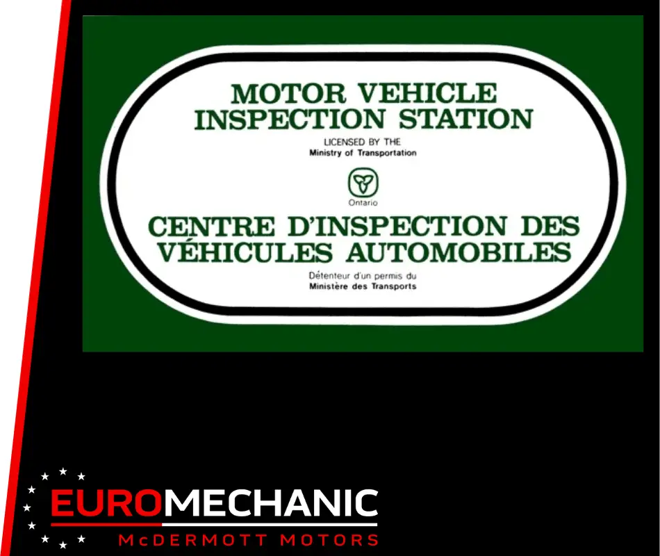 A sign indicates an official motor vehicle inspection station, licensed by the Ontario Ministry of Transportation, with text in English and French. Below is the EuroMechanic McDermott Motors logo, proudly partnered with Brock Road Garage. Euro Mechanic | Brock Road Garage Guelph | Top Reviewed Auto Repair Shop in Guelph | Visit brockroadgarage.ca