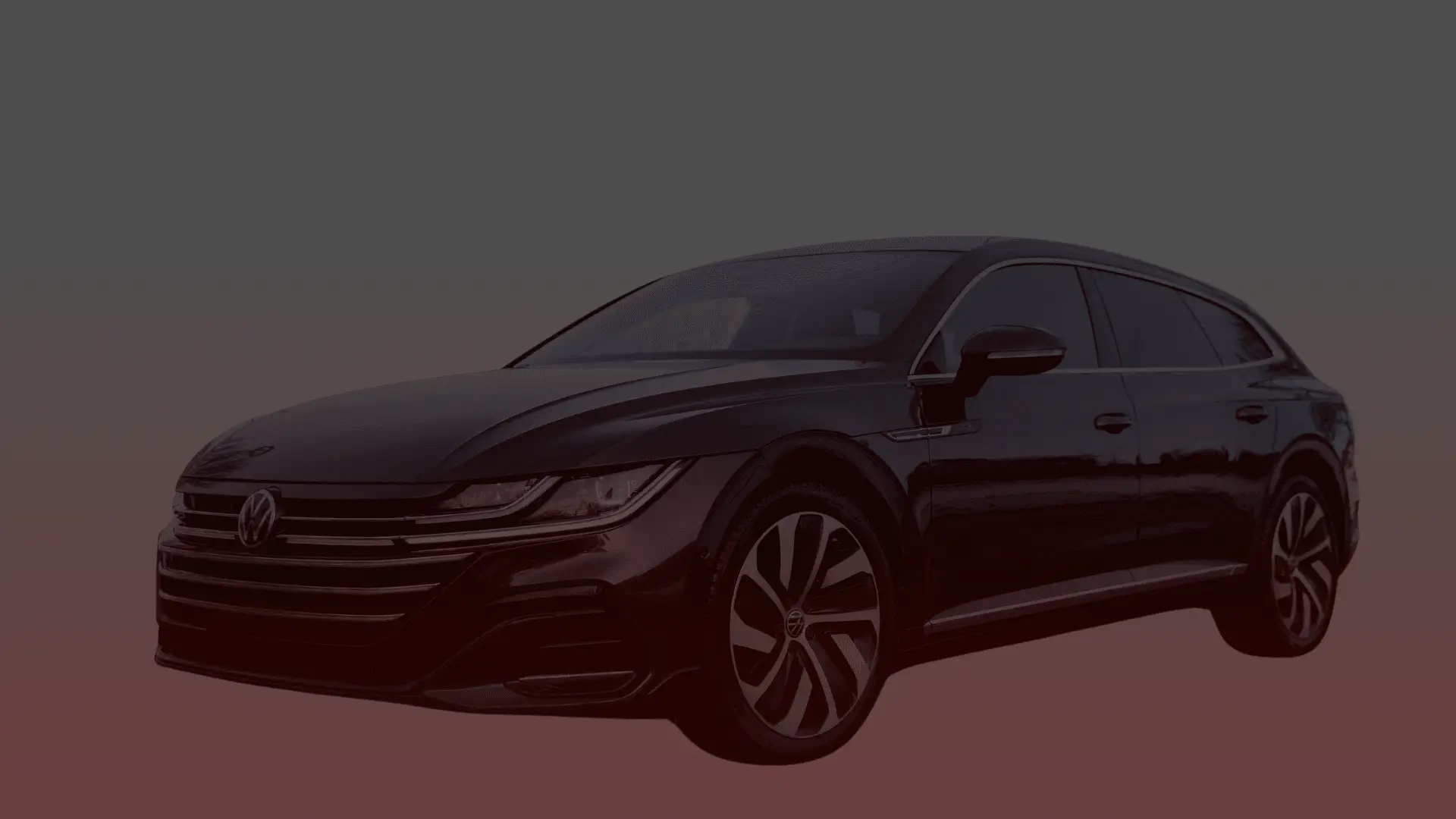A sleek black Volkswagen Arteon sits on a red-tinted gradient background, expertly maintained by a top Volkswagen mechanic in Guelph. The car is viewed from the front drivers side, highlighting its stylish design and alloy wheels. EuroMechanic | Brock Road Garage Guelph | Top Reviewed Auto Repair Shop in Guelph | Visit brockroadgarage.ca