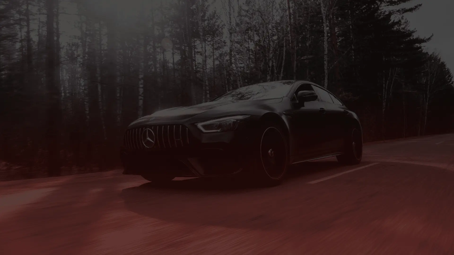 A sleek black Mercedes sports car drives down a forested road near Guelph, with trees on either side. The dim lighting casts shadows on the vehicle, highlighting its streamlined design and bold grille as it cruises effortlessly. EuroMechanic | Brock Road Garage Guelph | Top Reviewed Auto Repair Shop in Guelph | Visit brockroadgarage.ca
