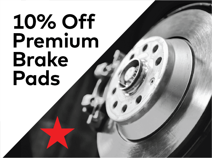 Black and white image of a car brake pad with a red star. Text on the left reads 10% Off Premium Brake Pads. EuroMechanic | Brock Road Garage Guelph | Top Reviewed Auto Repair Shop in Guelph | Visit brockroadgarage.ca