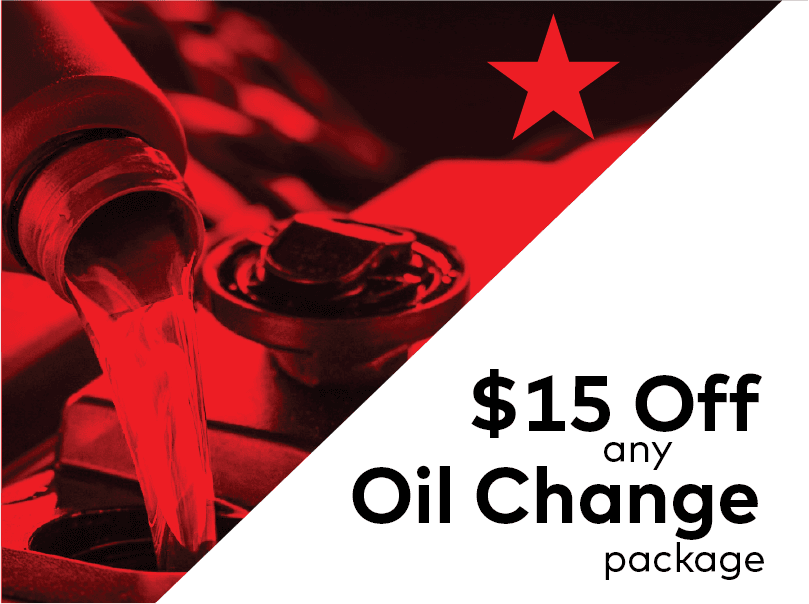 Close-up of oil being poured with a red star in the top right. Text on a white background reads $15 Off any Oil Change package. The image uses a red color scheme. EuroMechanic | Brock Road Garage Guelph | Top Reviewed Auto Repair Shop in Guelph | Visit brockroadgarage.ca