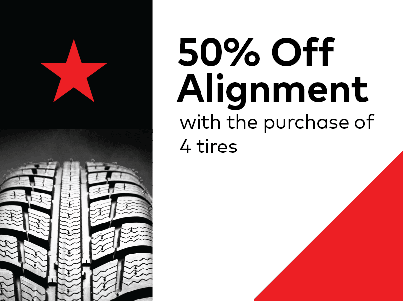 Image displaying a red star and a tire tread on the left. On the right, bold text reads 50% Off Alignment with the purchase of 4 tires with a red triangle at the bottom corner. EuroMechanic | Brock Road Garage Guelph | Top Reviewed Auto Repair Shop in Guelph | Visit brockroadgarage.ca
