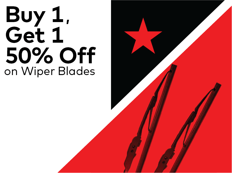 Promotional image featuring the text Buy 1, Get 1 50% Off on Wiper Blades. The background is a red and black geometric design with a black star and two wiper blades visible. EuroMechanic | Brock Road Garage Guelph | Top Reviewed Auto Repair Shop in Guelph | Visit brockroadgarage.ca