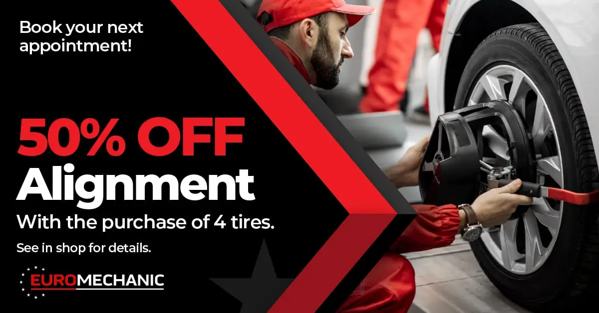 A mechanic in a red cap and uniform works on a car tire. Text reads: “50% OFF Alignment with the purchase of 4 tires at Brock Road Garage. See in shop for details. Book your next Auto Repair Guelph appointment! EUROMECHANIC.”. EuroMechanic - Brock Road Garage | Top Reviewed Auto Repair Shop in Guelph | Visit EuroMechanic - Brock Road Garage