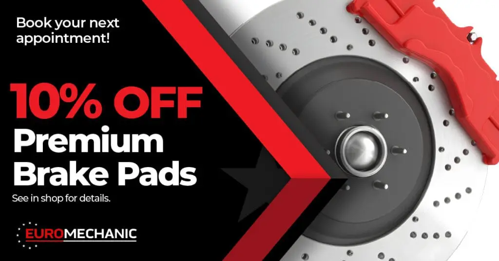 Ad for EuroMechanic offering 10% off premium brake pads. The image features a car brake disc and caliper, with bold red and white text on black. Book your next appointment with the trusted Auto Repair Guelph experts!. EuroMechanic - Brock Road Garage | Top Reviewed Auto Repair Shop in Guelph | Visit EuroMechanic - Brock Road Garage