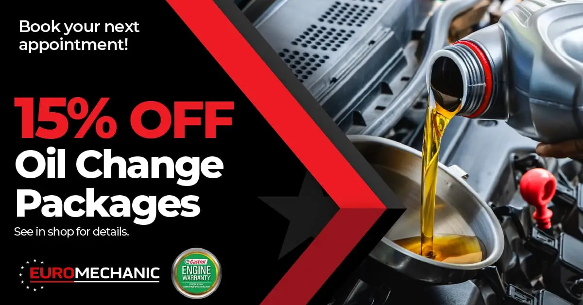 A bottle of motor oil is being poured into a car engine. Text on the image advertises 15% OFF Oil Change Packages at Brock Road Garage and Book your next appointment! with the EuroMechanic logo and a Castrol Engine Warranty badge. EuroMechanic - Brock Road Garage | Top Reviewed Auto Repair Shop in Guelph | Visit EuroMechanic - Brock Road Garage