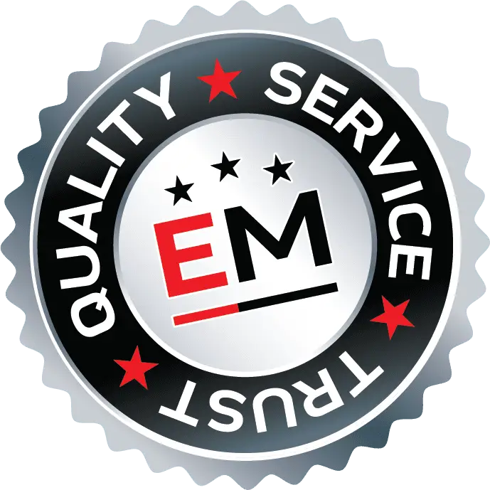A circular emblem with a metallic look featuring “QUALITY,” “SERVICE,” and “TRUST” in white on a black ring. In the center are the red letters “E” and “M,” three stars, and red star accents—perfect for Brock Road Garage, your Auto Repair Guelph experts. EuroMechanic - Brock Road Garage | Top Reviewed Auto Repair Shop in Guelph | Visit EuroMechanic - Brock Road Garage