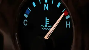 Vehicle temperature gauge showing an overheating warning in Guelph