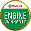 Round badge displaying the Castrol logo at the top with ENGINE WARRANTY in bold white letters on a green background, outlined by a yellow border. EuroMechanic | Brock Road Garage Guelph | Top Reviewed Auto Repair Shop in Guelph | Visit brockroadgarage.ca