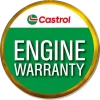 Round badge displaying the Castrol logo at the top with ENGINE WARRANTY in bold white letters on a green background, outlined by a yellow border. EuroMechanic | Brock Road Garage Guelph | Top Reviewed Auto Repair Shop in Guelph | Visit brockroadgarage.ca
